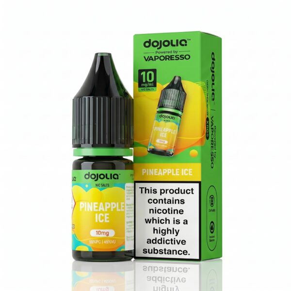 10ml bottle of Pineapple Ice Nic Salt E-Liquid by Dojoliq showing yellow pineapple label artwork with icy blue detailing.