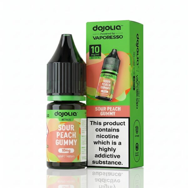 Sour Peach Gummy Nic Salt E-Liquid by Dojoliq 10ml bottle of Sour Peach Gummy Nic Salt E-Liquid by Dojoliq, showing the flavour artwork and strength marking.