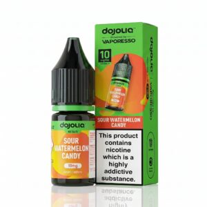 10ml bottle of Sour Watermelon Candy Nic Salt E-Liquid by Dojoliq, with the nicotine strength on the label.