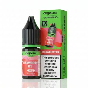 10ml bottle of Strawberry Ice Nic Salt E-Liquid by Dojoliq, red artwork with the strength on the label.