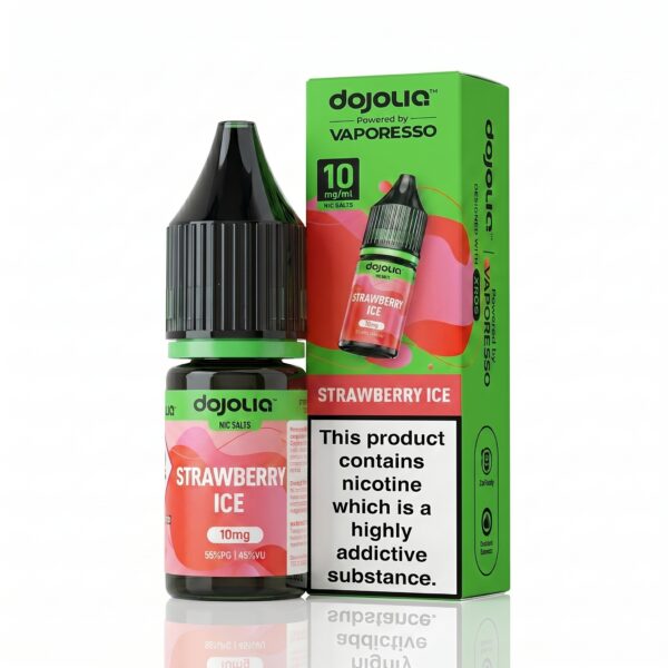 Strawberry Ice Nic Salt E-Liquid by Dojoliq 10ml bottle of Strawberry Ice Nic Salt E-Liquid by Dojoliq, red artwork with the strength on the label.
