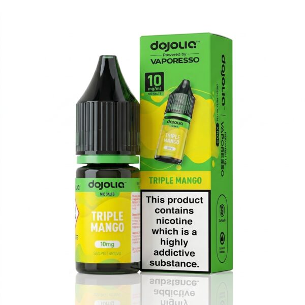 10ml bottle of Triple Mango Nic Salt E-Liquid by Dojoliq, tropical artwork with the strength printed.