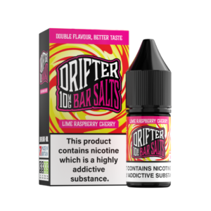 Lime Raspberry Cherry Nic Salt E-Liquid by Drifter Bar Salts 10ml bottle upright, label facing the camera.