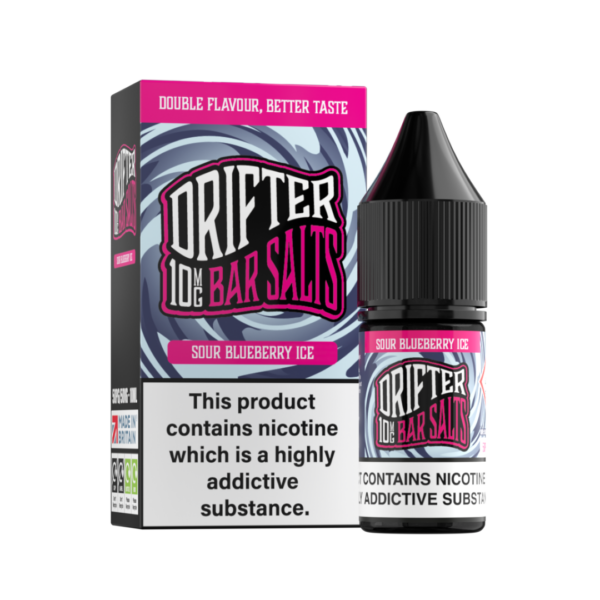 Sour Blueberry Ice Nic Salt E-Liquid by Drifter Bar Salts Sour Blueberry Ice Nic Salt E-Liquid by Drifter Bar Salts 10ml bottle stood upright beside its blue label artwork.