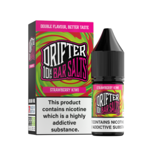 Strawberry Kiwi Nic Salt E-Liquid by Drifter Bar Salts 10ml bottle shown upright with its pink and green label.