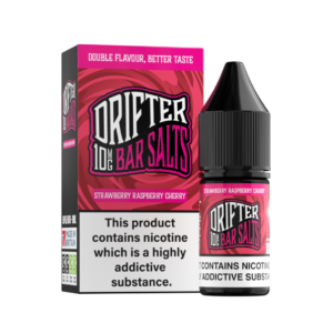Strawberry Raspberry Cherry Nic Salt E-Liquid by Drifter Bar Salts 10ml bottle upright with its red fruit label.