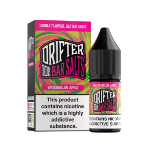 10ml bottle of Watermelon Apple Nic Salt E-Liquid by Drifter Bar Salts with pink and green fruit label