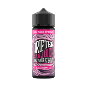 Blackcurrant Ice Shortfill E-Liquid by Drifter Bar Juice 100ml bottle stood upright with its dark purple label.