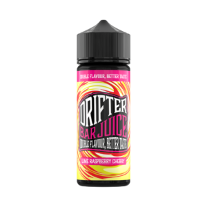 Lime Raspberry Cherry Shortfill E-Liquid by Drifter Bar Juice 100ml bottle upright, label facing the camera.