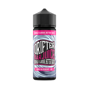 Sour Blueberry Ice Shortfill E-Liquid by Drifter Bar Juice 100ml bottle stood upright beside its blue label artwork.