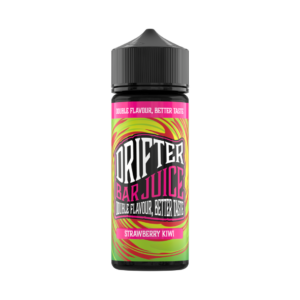 Strawberry Kiwi Shortfill E-Liquid by Drifter Bar Juice 100ml bottle shown upright with its pink and green label.