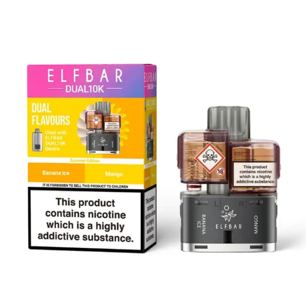 Summer Edition Prefilled Pod by Elf Bar Dual 10K Summer Edition Prefilled Pod by Elf Bar Dual 10K in its sealed pack, with the tropical summer flavour artwork