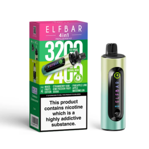 Elf Bar 4 in 1 Prefilled Pod Kit shown upright next to its retail packaging with the Elf Bar branding on the front
