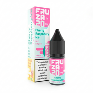 10ml bottle of Cherry Raspberry Ice Nic Salt E-Liquid by Fruza shown front on with its dark red fruit label.