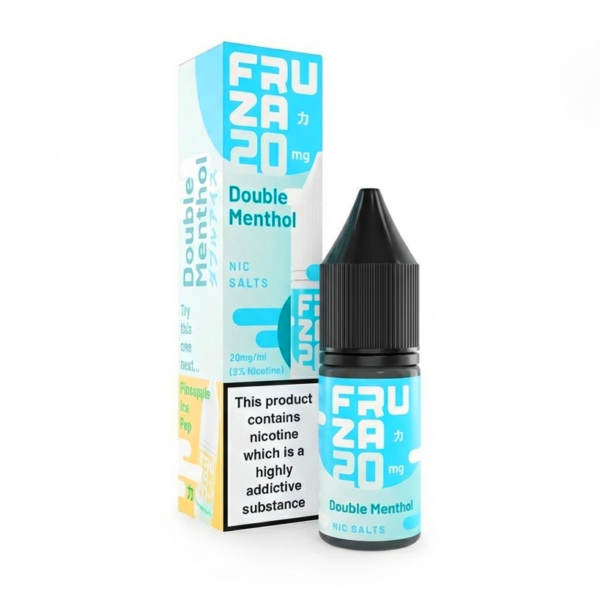 Double Menthol Nic Salt E-Liquid by Fruza 10ml bottle of Double Menthol Nic Salt E-Liquid by Fruza pictured front on with its cool blue label.