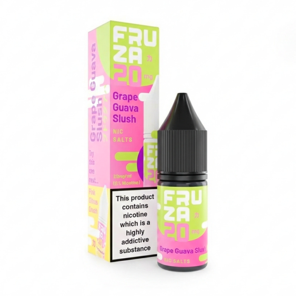 Grape Guava Slush Nic Salt E-Liquid by Fruza 10ml bottle of Grape Guava Slush Nic Salt E-Liquid by Fruza shown front on with its purple slush label.