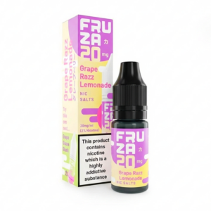 10ml bottle of Grape Razz Lemonade Nic Salt E-Liquid by Fruza shown front on with its purple label.