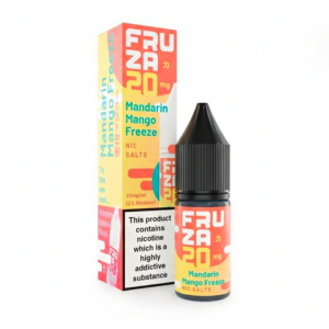 10ml bottle of Mandarin Mango Freeze Nic Salt E-Liquid by Fruza with its orange citrus label artwork.