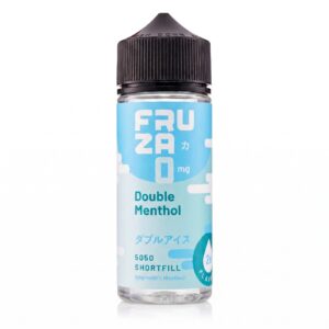 Double Menthol Shortfill E-Liquid by Fruza 100ml bottle standing upright with its blue menthol label.