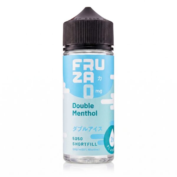 Double Menthol Shortfill E-Liquid by Fruza 100ml Double Menthol Shortfill E-Liquid by Fruza 100ml bottle standing upright with its blue menthol label.
