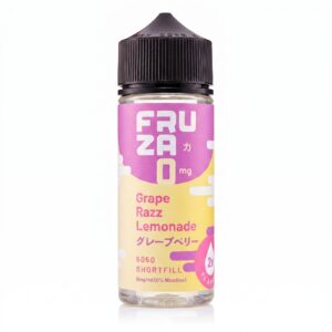 Grape Razz Lemonade Shortfill E-Liquid by Fruza 100ml bottle pictured upright with its bright label.