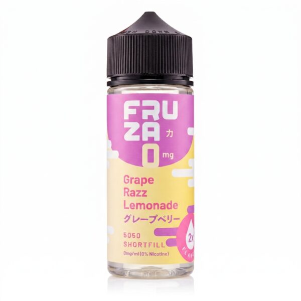 Grape Razz Lemonade Shortfill E-Liquid by Fruza 100ml Grape Razz Lemonade Shortfill E-Liquid by Fruza 100ml bottle pictured upright with its bright label.