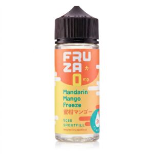 Mandarin Mango Freeze Shortfill E-Liquid by Fruza 100ml bottle shown front on with its orange label.