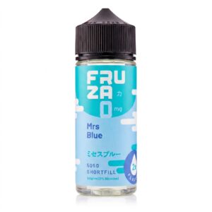 Front of the Mrs Blue Shortfill E-Liquid by Fruza 100ml bottle, showing the blue berry label artwork.