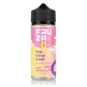 Front of the Pink Citrus Crush Shortfill E-Liquid by Fruza 100ml bottle, showing the pink citrus label artwork.