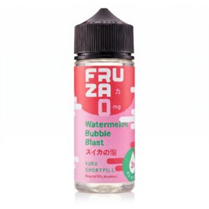 Front of the Watermelon Bubble Blast Shortfill E-Liquid by Fruza 100ml bottle, showing the pink melon label.