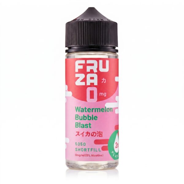 Watermelon Bubble Blast Shortfill E-Liquid by Fruza 100ml Front of the Watermelon Bubble Blast Shortfill E-Liquid by Fruza 100ml bottle, showing the pink melon label.
