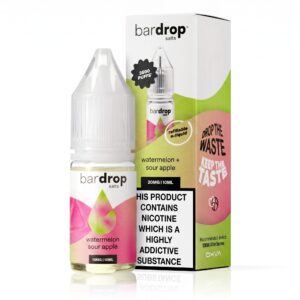 10ml bottle of Watermelon Sour Apple Nic Salt E-Liquid by Bar Drop shown front on with its printed label.