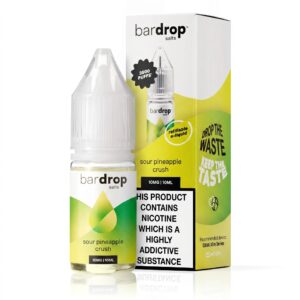 10ml bottle of Sour Pineapple Crush Nic Salt E-Liquid by Bar Drop shown front on with its label artwork.