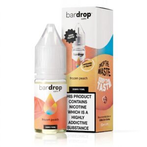10ml bottle of Frozen Peach Nic Salt E-Liquid by Bar Drop, showing the peach label artwork and nicotine strength marking.