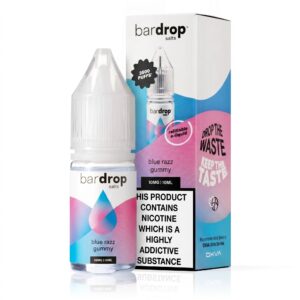 10ml bottle of Blue Razz Gummy Nic Salt E-Liquid by Bar Drop, showing the blue sweet-themed label artwork.
