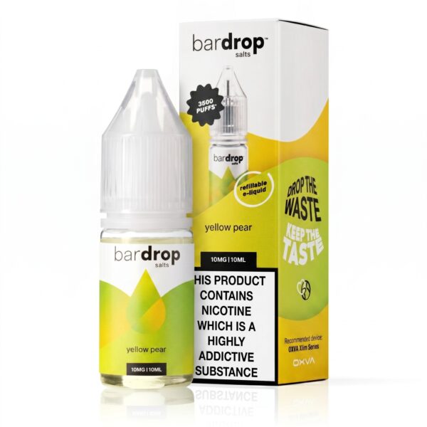 Yellow Pear Nic Salt E-Liquid by Bar Drop 10ml bottle of Yellow Pear Nic Salt E-Liquid by Bar Drop shown front on with the label facing the camera.
