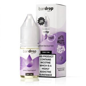 10ml bottle of Sweet Blackcurrant Nic Salt E-Liquid by Bar Drop shown front on with its label and cap.