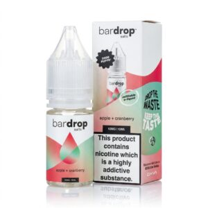 10ml bottle of Apple Cranberry Nic Salt E-Liquid by Bar Drop, showing the fruit label artwork and nicotine strength marking.