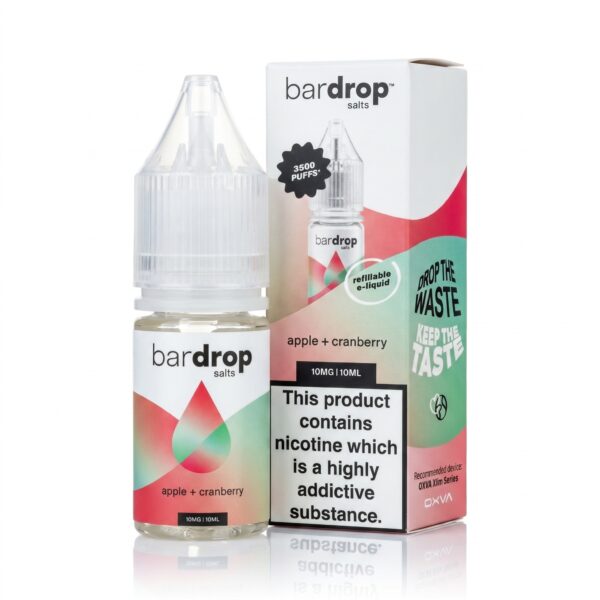 Apple Cranberry Nic Salt E-Liquid by Bar Drop 10ml bottle of Apple Cranberry Nic Salt E-Liquid by Bar Drop, showing the fruit label artwork and nicotine strength marking.
