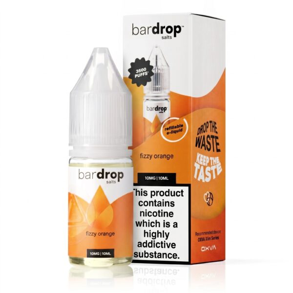 10ml bottle of Fizzy Orange Nic Salt E-Liquid by Bar Drop, showing the orange label artwork and nicotine strength marking.