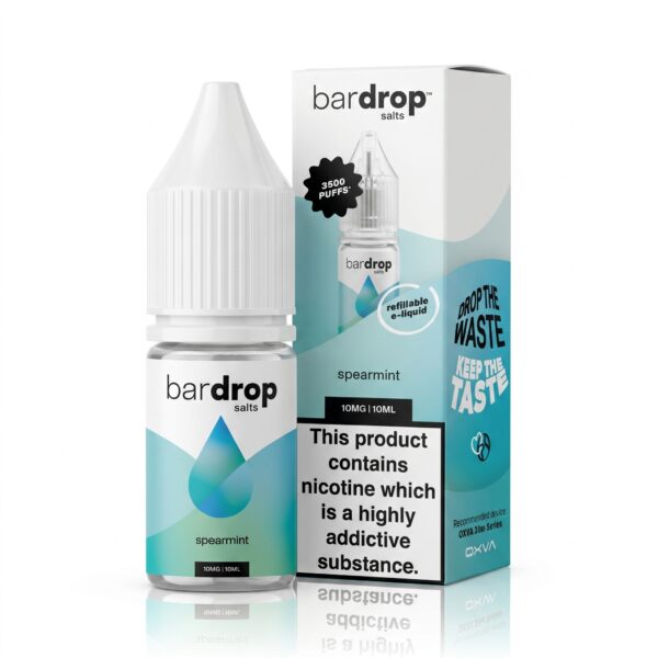 10ml bottle of Spearmint Nic Salt E-Liquid by Bar Drop photographed front on, showing the label and cap.