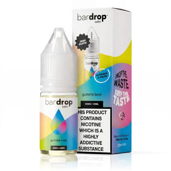 Gummy Bear Nic Salt by Bar Drop 10ml bottle of Gummy Bear Nic Salt by Bar Drop, showing the colourful sweet-themed label artwork.