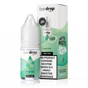 10ml bottle of Fresh Mint Nic Salt E-Liquid by Bar Drop, showing the green mint label artwork and strength marking.