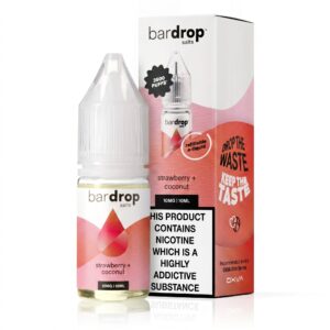 10ml bottle of Strawberry Coconut Nic Salt E-Liquid by Bar Drop shown front on, flavour name on the label.