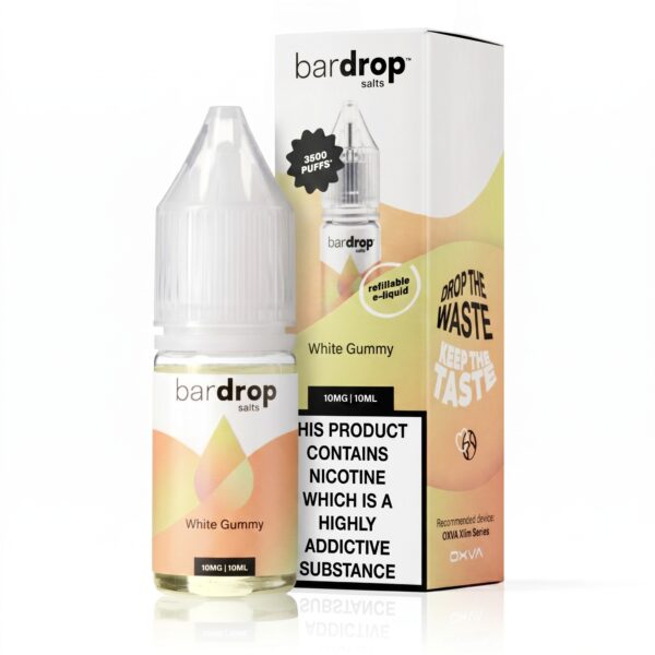 White Gummy Nic Salt E-Liquid by Bar Drop 10ml bottle of White Gummy Nic Salt E-Liquid by Bar Drop shown front on, with the flavour name on the label.