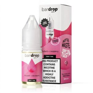 Rhubarb Raspberry Nic Salt E-Liquid by Bar Drop 10ml bottle front on, pink and green fruit label.