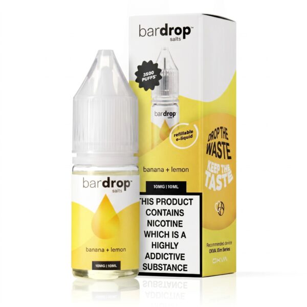 Banana Lemon Nic Salt E-Liquid by Bar Drop 10ml bottle of Banana Lemon Nic Salt E-Liquid by Bar Drop, showing the yellow label artwork and nicotine strength marking.