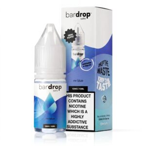 Mr Blue Nic Salt E-Liquid by Bar Drop 10ml bottle shown front on, deep blue label with the strength marked.