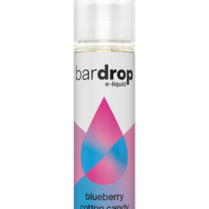 Front of the Blueberry Cotton Candy Shortfill E-Liquid by Bar Drop 50ml bottle, showing the purple and pink label artwork.