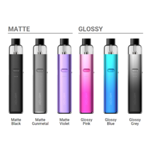 All six colours of the GeekVape Wenax K2 Pod Kit lined up under matte and glossy headings with name labels.